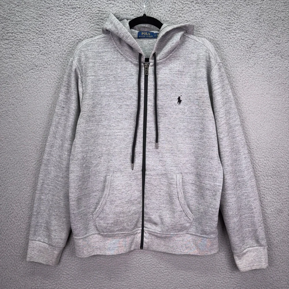 Polo Ralph Lauren Hoodie Mens L Gray Heather Full Zip Fleece Sweatshirt Stretch